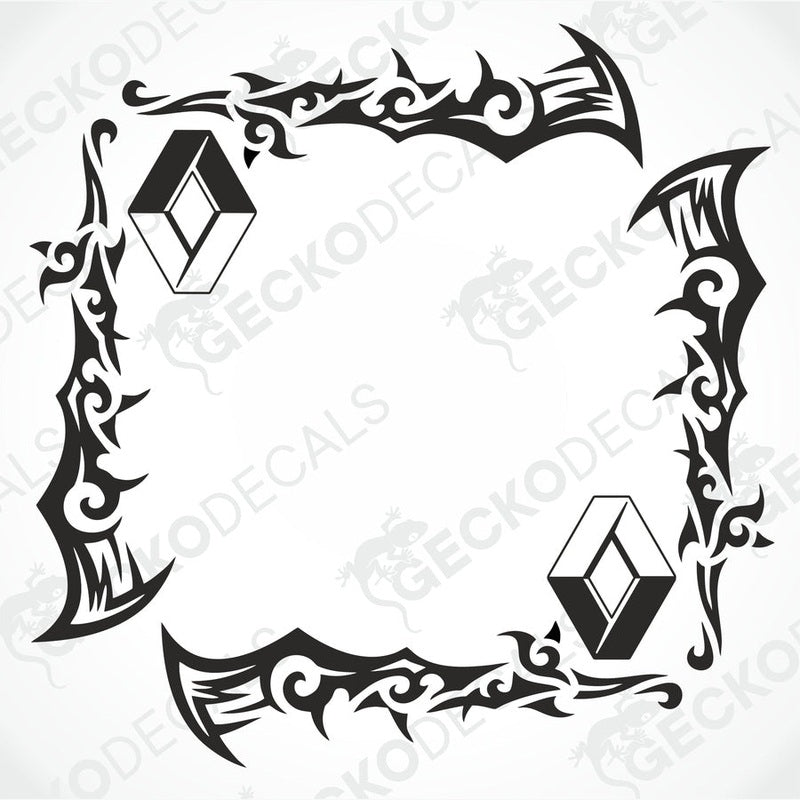 A set of two black tribal patterned side window decals for RENAULT vehicles, presented on a white background.