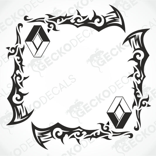 A set of two black tribal patterned side window decals for RENAULT vehicles, presented on a white background.