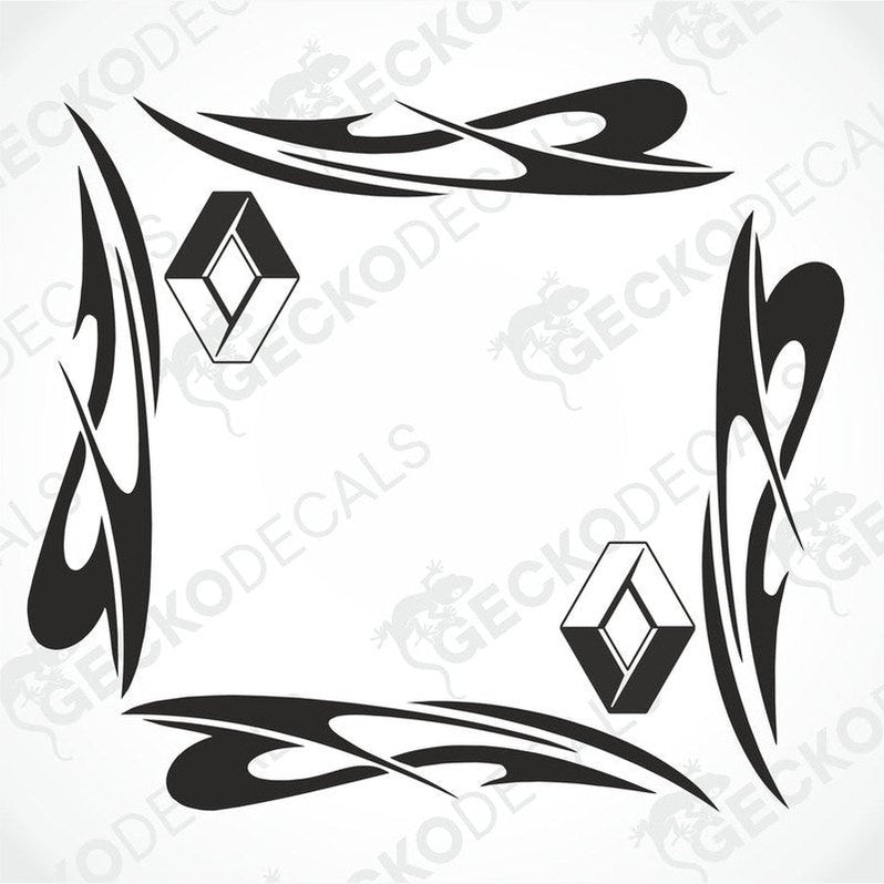 A set of black tribal pattern side window decals for a Renault vehicle, including the brand's logo.