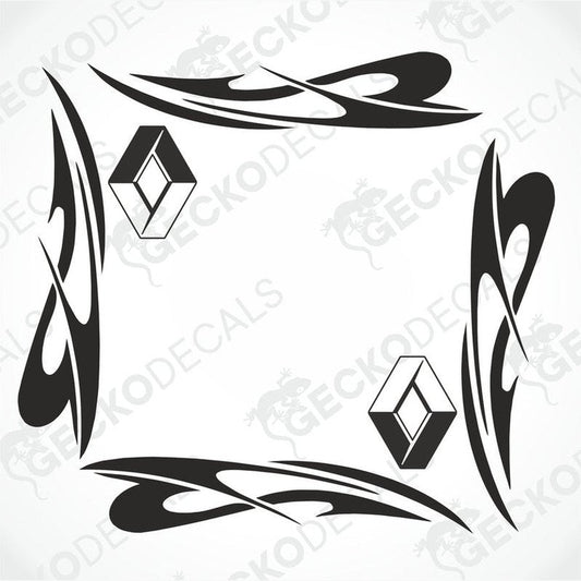 A set of black tribal pattern side window decals for a Renault vehicle, including the brand's logo.
