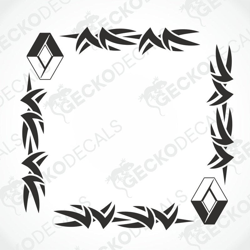 A black and white design of a tribal side window decal for vehicles.