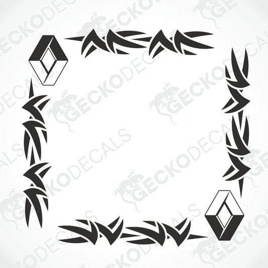 A black and white design of a tribal side window decal for vehicles.