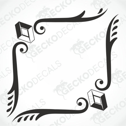 A black and white design for side window decals, featuring decorative elements and the brand name 'GeckoDecals'.