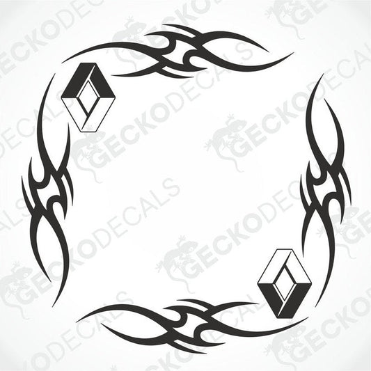 A black and white tribal pattern side window decal for a Renault vehicle.