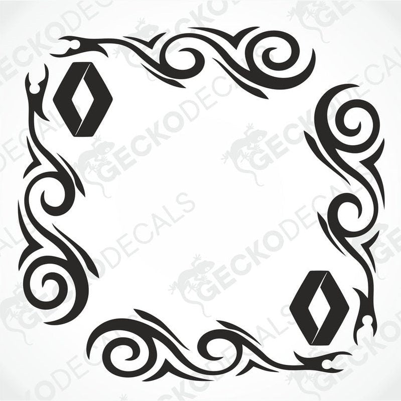 A black and white image of a die cut decal with a tribal pattern design, intended for use as vehicle side window decals.