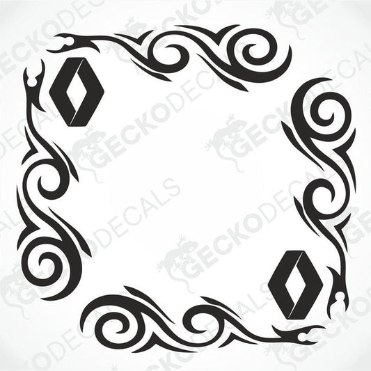 A black and white image of a die cut decal with a tribal pattern design, intended for use as vehicle side window decals.