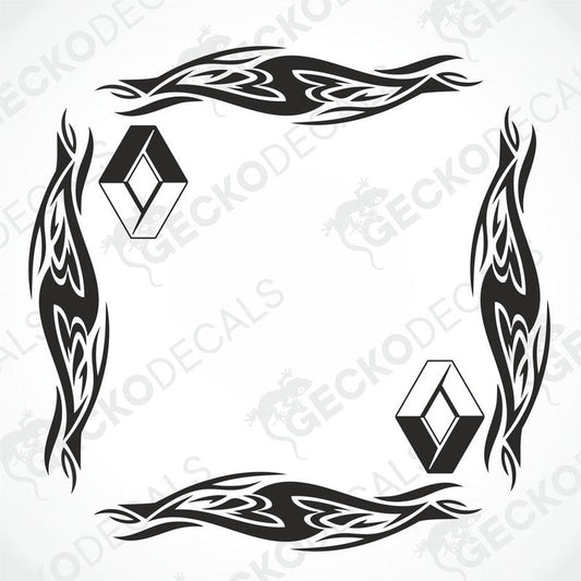 A set of two black tribal design side window decals for Renault vehicles, displayed on a white background.