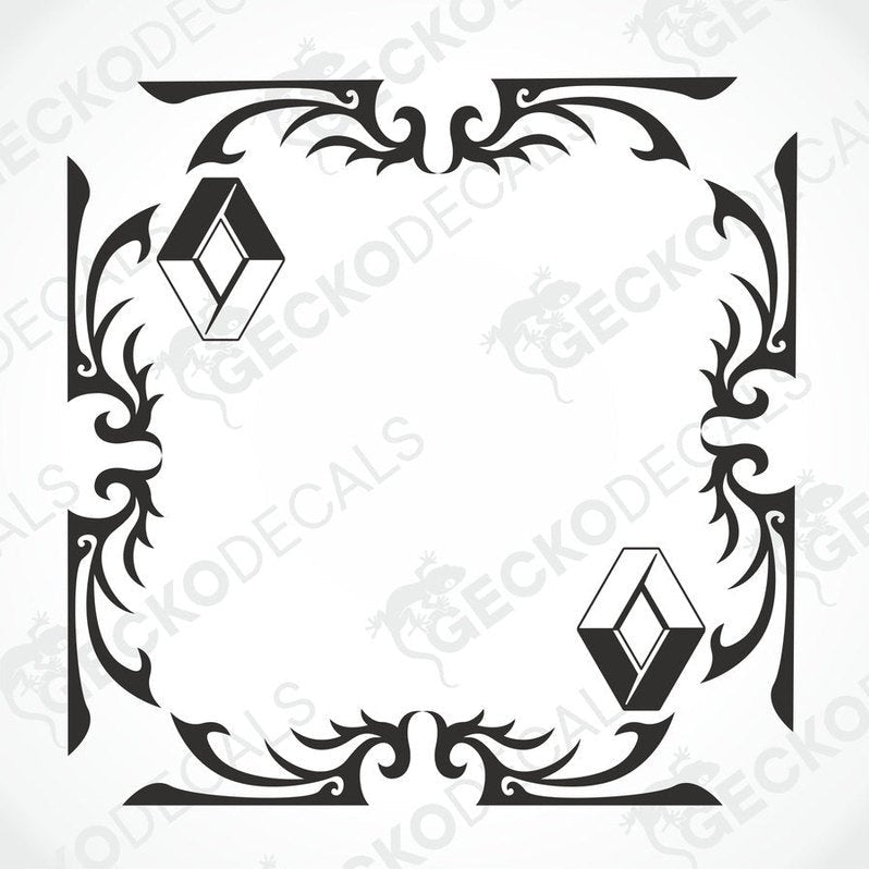 A black and white image of a die cut decal with a tribal pattern and the Renault logo, intended for use as a side window decal.