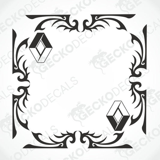 A black and white image of a die cut decal with a tribal pattern and the Renault logo, intended for use as a side window decal.