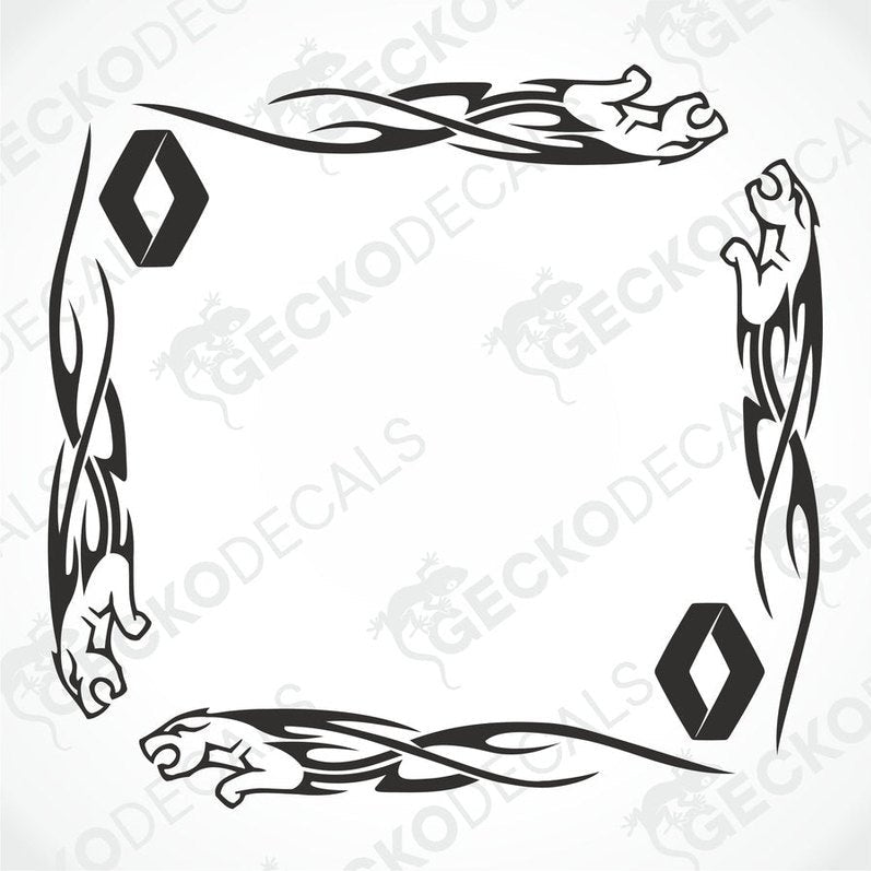 A set of two black tribal pattern side window decals for a Renault vehicle, designed to be applied on the vehicle's side windows.