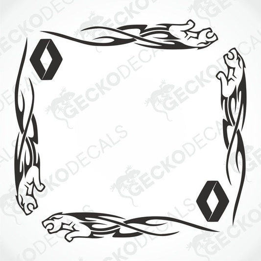 A set of two black tribal pattern side window decals for a Renault vehicle, designed to be applied on the vehicle's side windows.