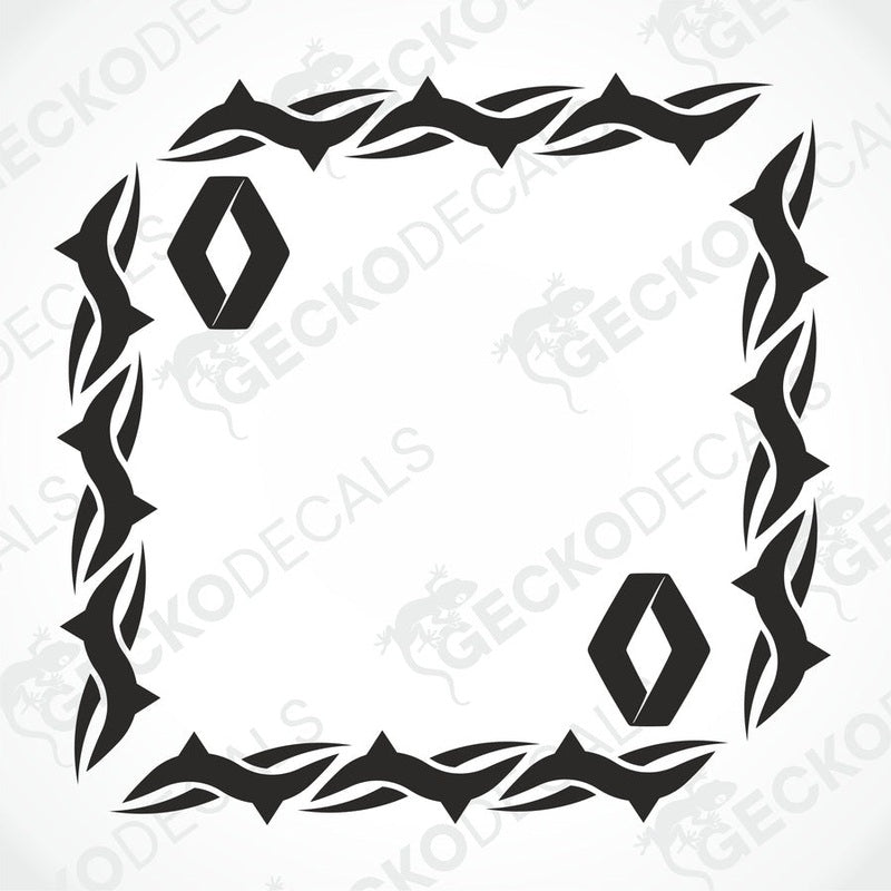 A black and white tribal pattern side window decal for a Renault vehicle.