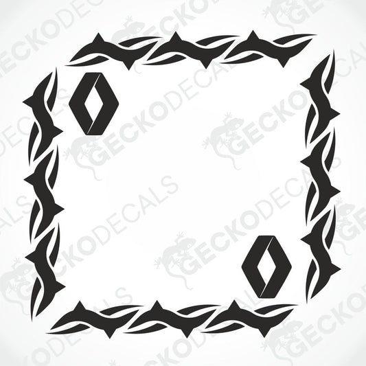 A black and white tribal pattern side window decal for a Renault vehicle.