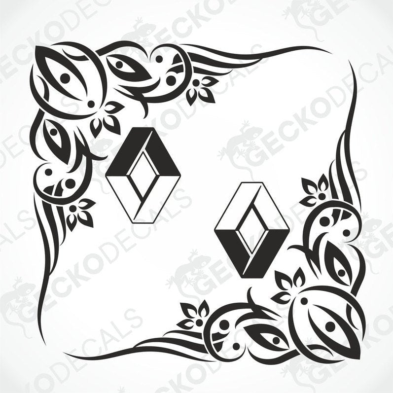 A black and white image of a die cut decal with a Renault logo and floral pattern designed for use on vehicle side windows.