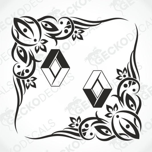 A black and white image of a die cut decal with a Renault logo and floral pattern designed for use on vehicle side windows.