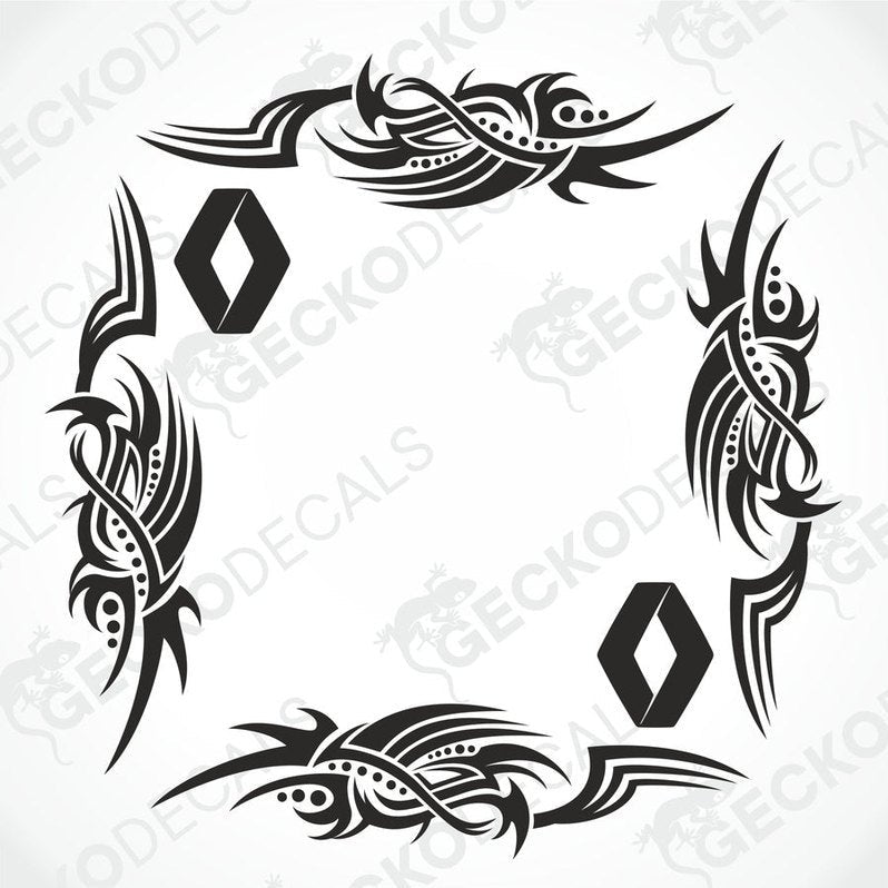 A set of two black tribal design side window decals for a Renault vehicle, displayed on a white background.