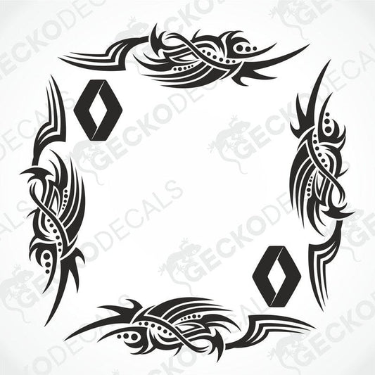 A set of two black tribal design side window decals for a Renault vehicle, displayed on a white background.