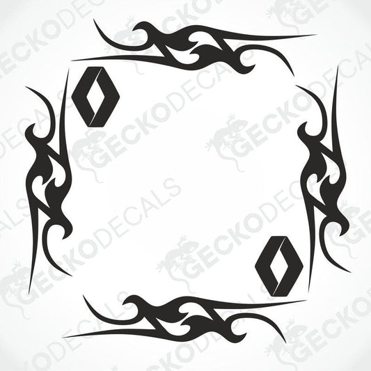 A set of two black tribal patterned side window decals for Renault vehicles, displayed on a white background.