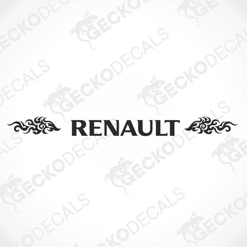 A front view of a Renault truck with a die cut decal on the windscreen featuring tribal design elements.