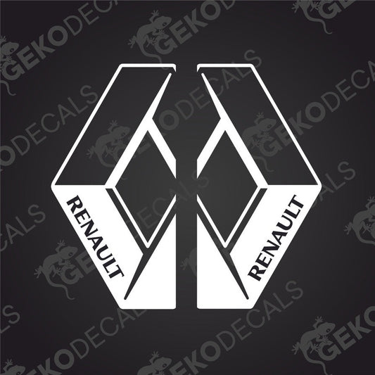 A pair of white decal stickers representing the Renault truck logo, designed for use on the exterior and interior of a truck.