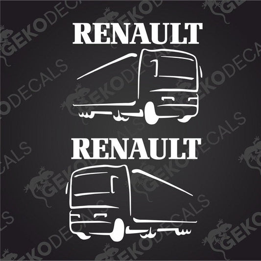 Two black decals of a Renault truck, one showing the front left side and the other showing the front right side, with the brand name 'RENAULT' written above.