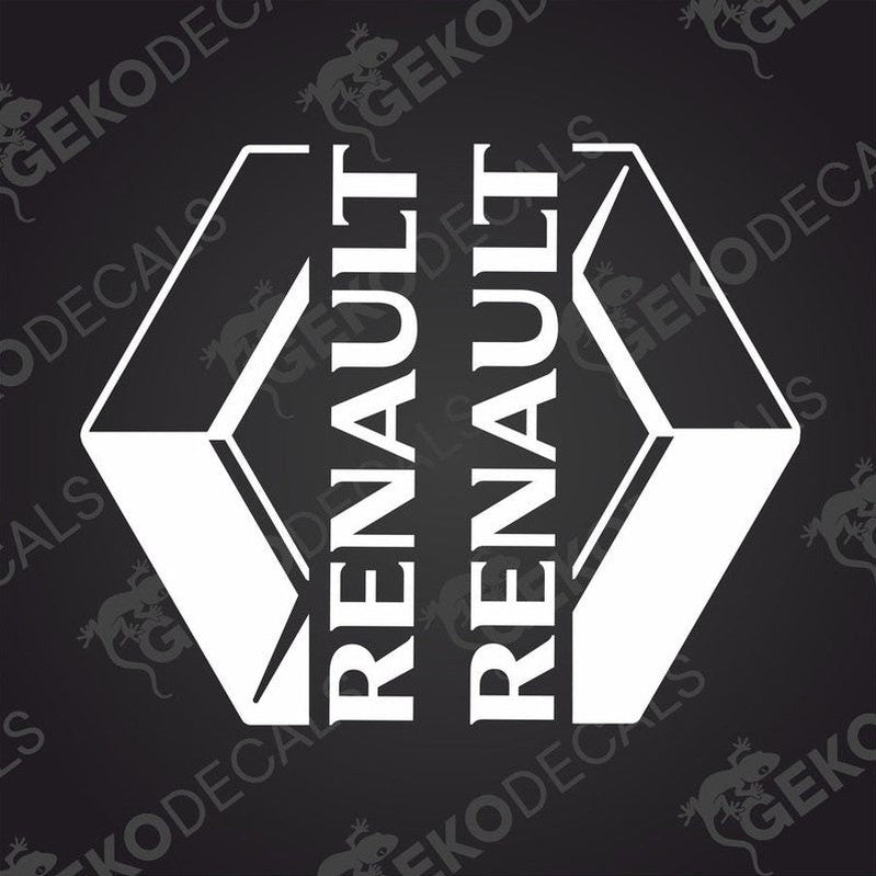 A set of two white and black decals with the word 'RENAULT' and a graphical design associated with the brand.