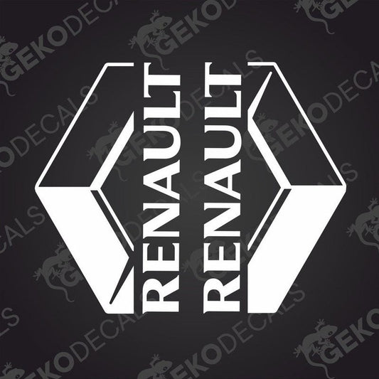 A set of two white and black decals with the word 'RENAULT' and a graphical design associated with the brand.