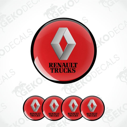A set of four red, white, and black vinyl stickers with the Renault Trucks logo on a white background.