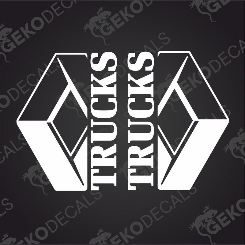A set of two white decals with the text 'RENAULT TRUCKS' in a geometric shape.