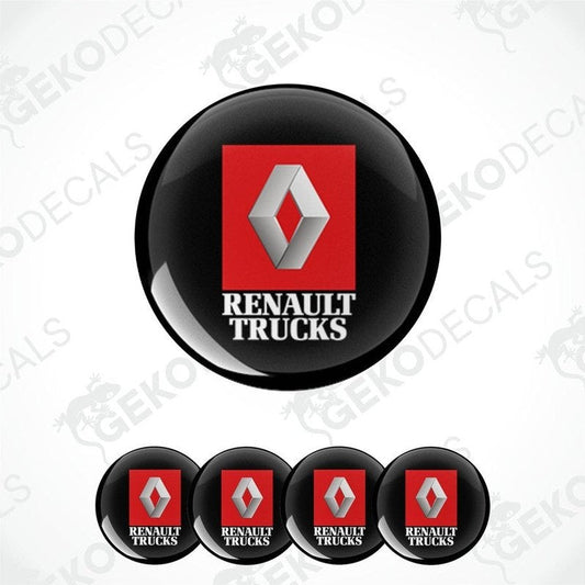 A set of four round vinyl stickers with a red and white renault trucks logo on a black background.