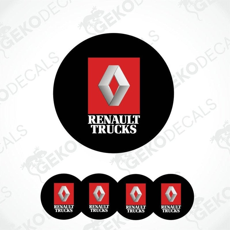 A set of four round vinyl stickers with a red and white renault trucks logo on a black background.