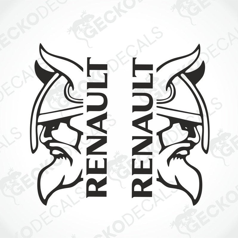 Two black and white vehicle decals featuring a Viking helmet design with the text 'RENAULT VIKING' incorporated into the design.