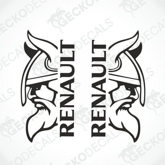 Two black and white vehicle decals featuring a Viking helmet design with the text 'RENAULT VIKING' incorporated into the design.