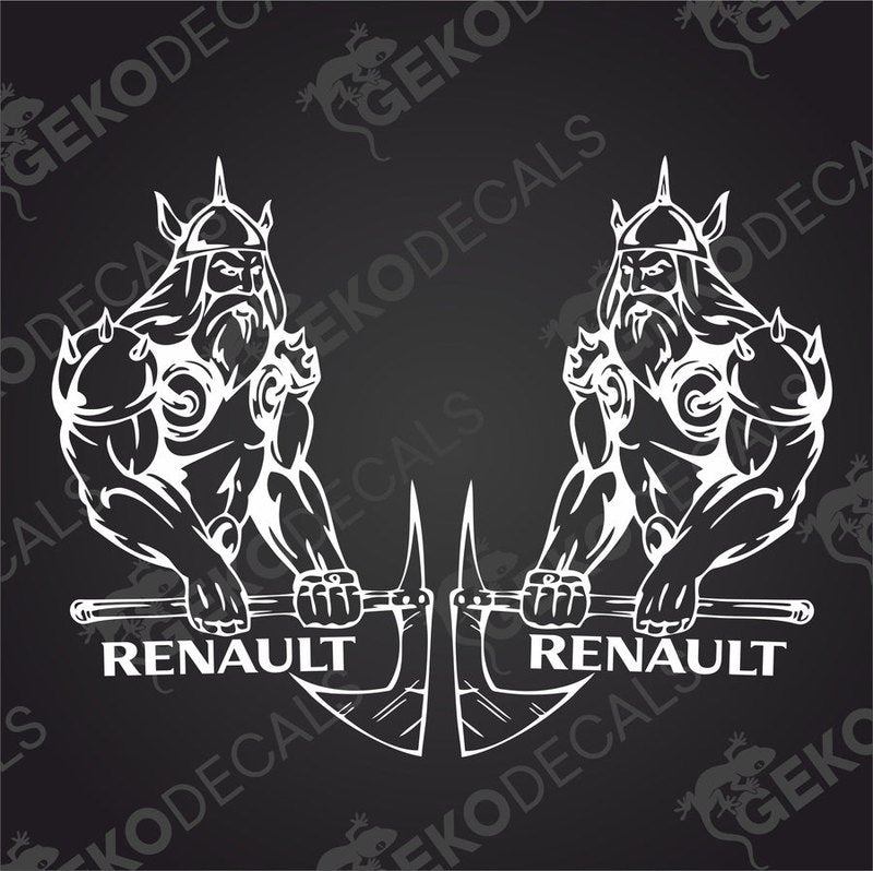 Two black and white stickers depicting a Viking helmet and the RENAULT brand logo with the word 'RENAULT' written across the helmet.