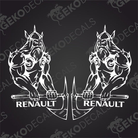 Two black and white stickers depicting a Viking helmet and the RENAULT brand logo with the word 'RENAULT' written across the helmet.