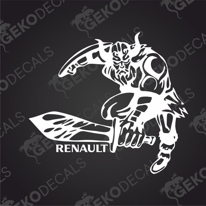 A die cut decal of a stylized character with a knife, incorporating the Renault brand logo.
