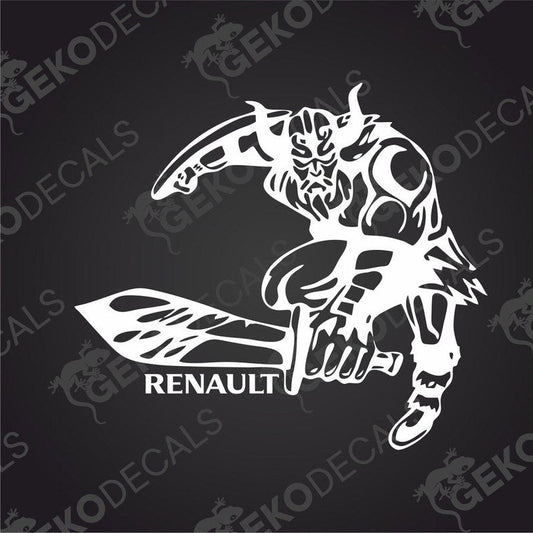 A die cut decal of a stylized character with a knife, incorporating the Renault brand logo.