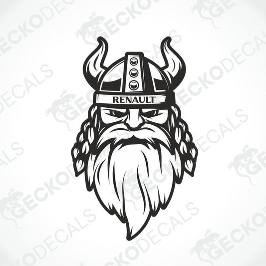 A black and white decal of a Viking head with a horned helmet featuring the Renault logo.