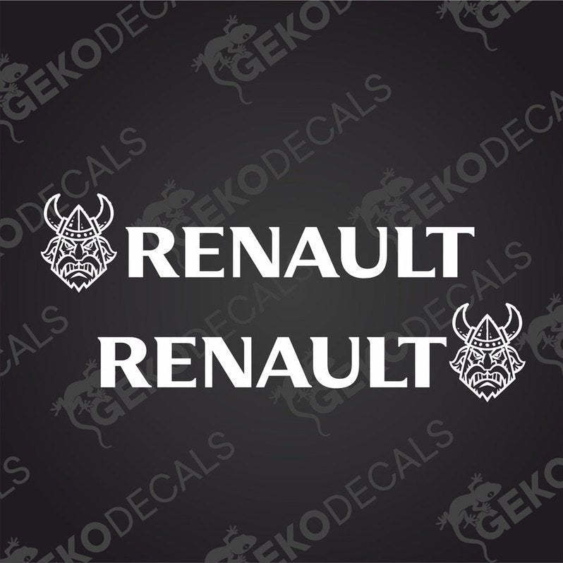A pair of white decals with the text 'RENAULT' and Viking helmet designs on each side, intended for use on vehicles.