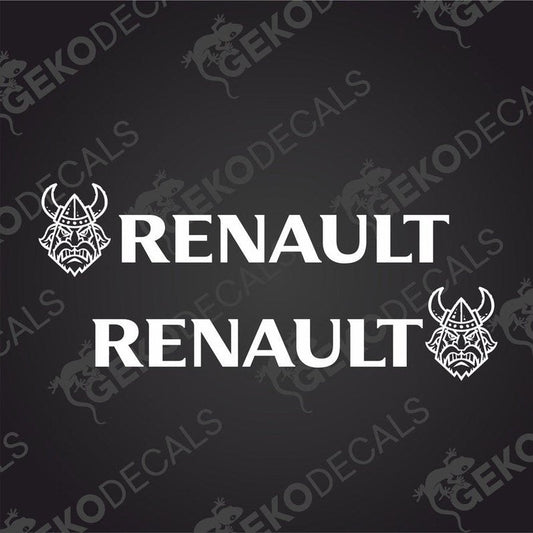 A pair of white decals with the text 'RENAULT' and Viking helmet designs on each side, intended for use on vehicles.