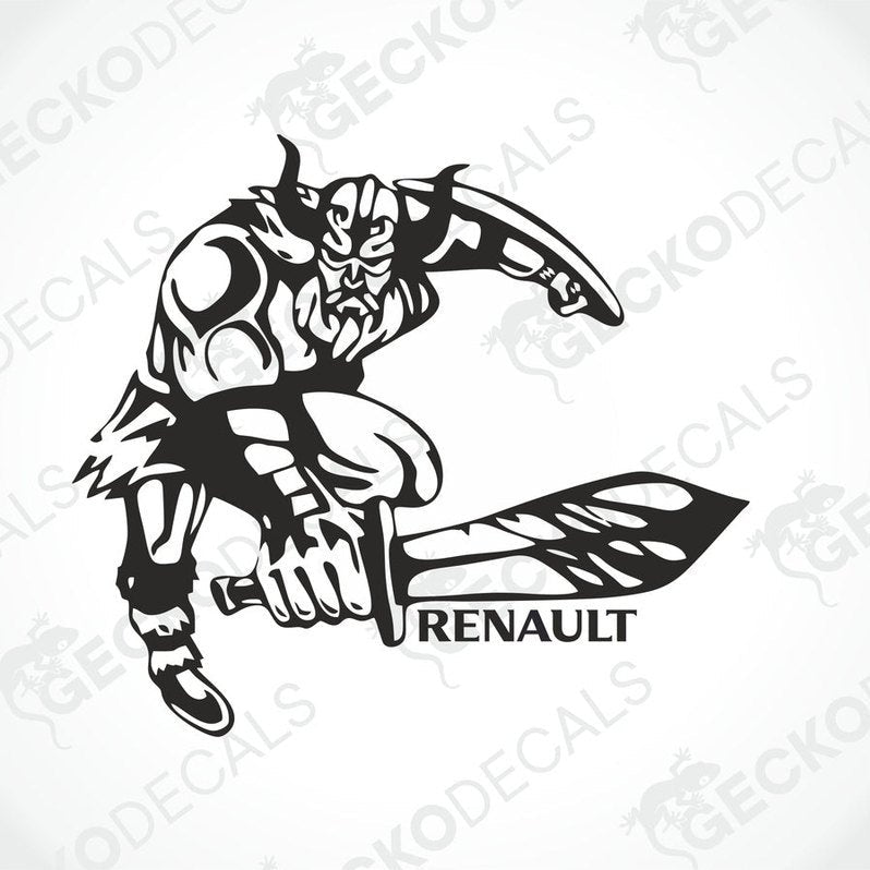 A black and white decal of a Viking character with a sword, alongside the 'RENAULT' logo.