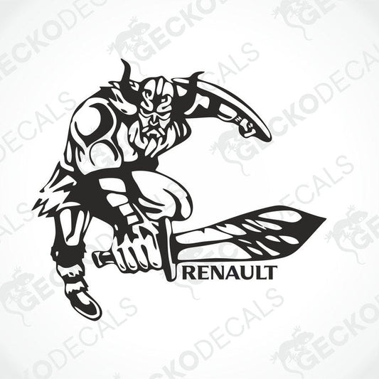 A black and white decal of a Viking character with a sword, alongside the 'RENAULT' logo.