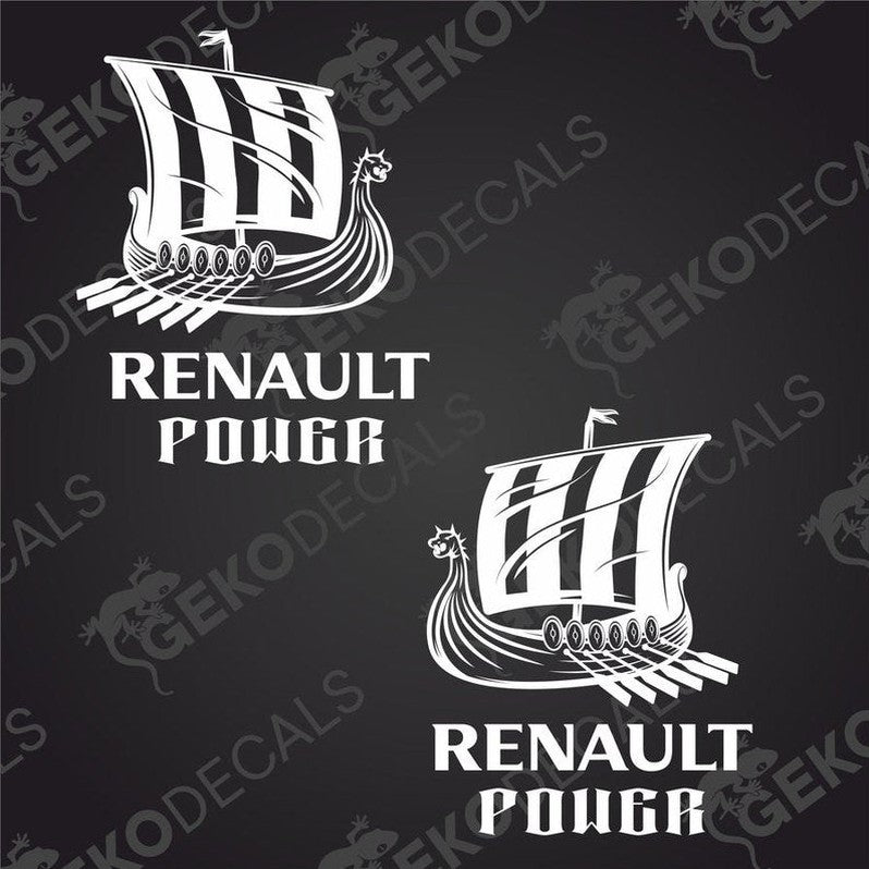 Two white decal stickers with the text 'RENAULT POWER' and a Viking ship design, one for the right and one for the left side.