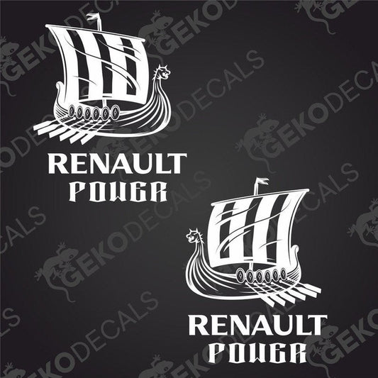 Two white decal stickers with the text 'RENAULT POWER' and a Viking ship design, one for the right and one for the left side.