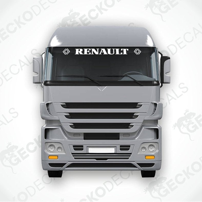 A Renault truck with a die cut decal on the windscreen.