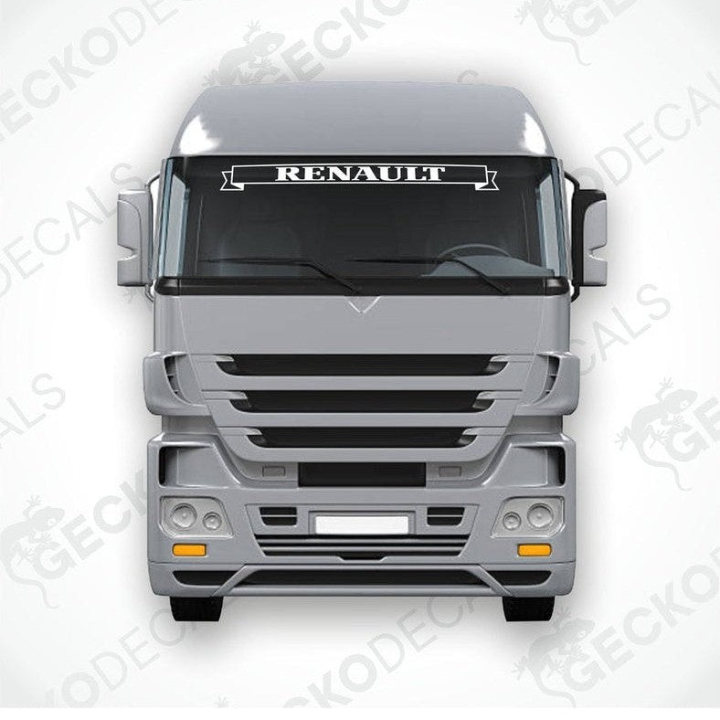 A Renault windscreen decal sticker shown applied on the front window of a Renault truck.