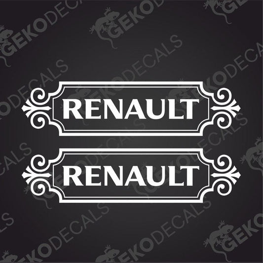 Two die cut stickers with the word RENAULT inside a decorative frame, delivered on transfer paper.