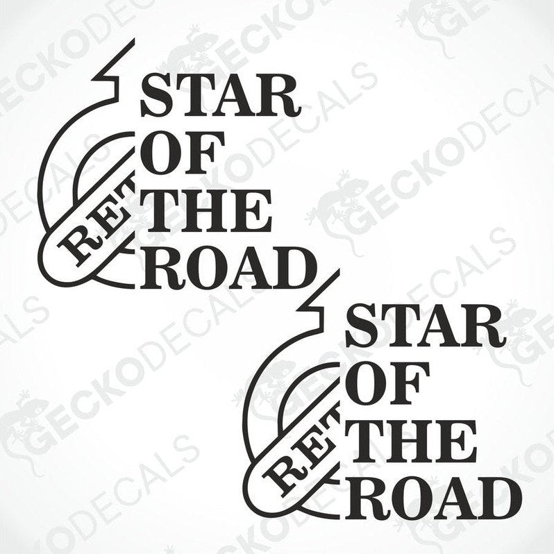 Two black and white die cut stickers with the text 'STAR OF THE ROAD' and a graphic of a gear, intended for use on vehicles.