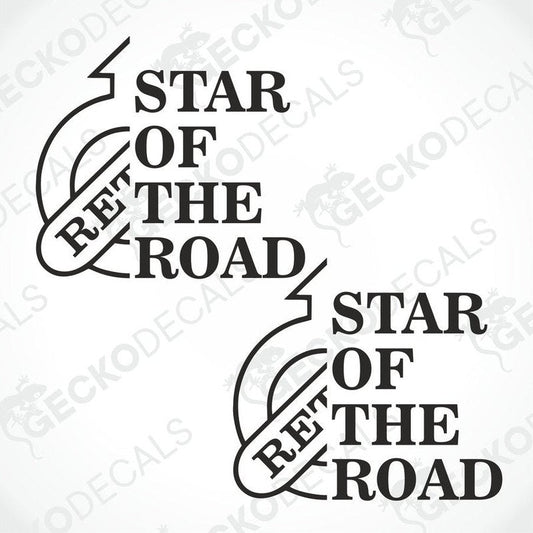 Two black and white die cut stickers with the text 'STAR OF THE ROAD' and a graphic of a gear, intended for use on vehicles.