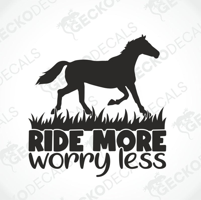 A black silhouette of a horse with the text 'RIDE MORE WORRY LESS' in white.